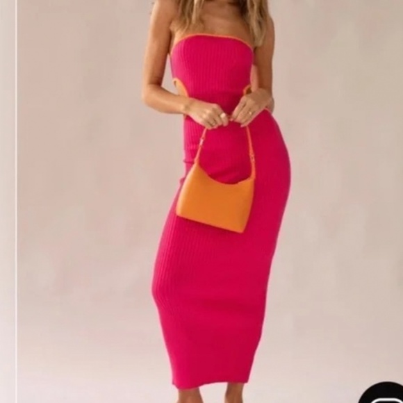 Peppermayo Sunrise Cove Maxi Dress Hot Pink Orange Ribbed Cutout Knit Dress S/M - Picture 2 of 9